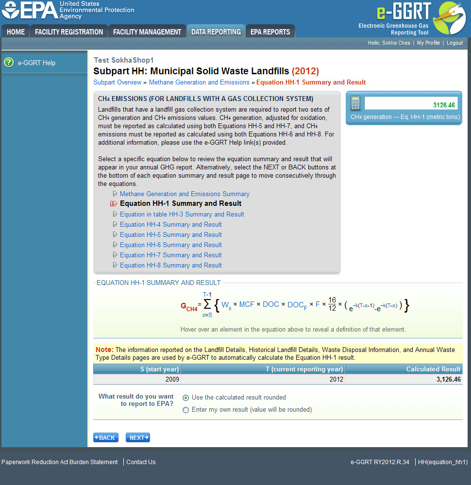 Subpart HH: Equation HH-1 Summary and Result